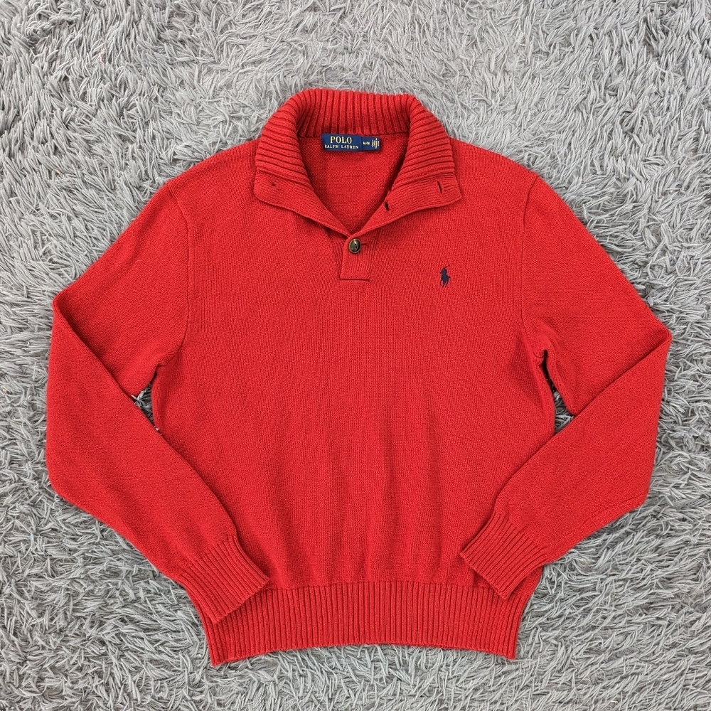 Polo By Ralph Lauren Sweater Men's Medium Red Navy Blue Pullover Ribbed Button